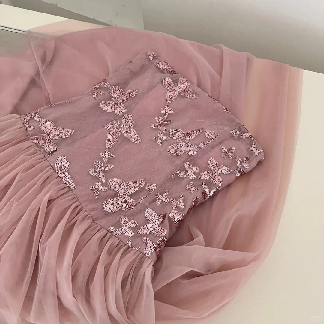 Elegant Pink A-line Tube Top Sequined Tulle Long Prom Dress Evening Dress Bridesmaid Dress