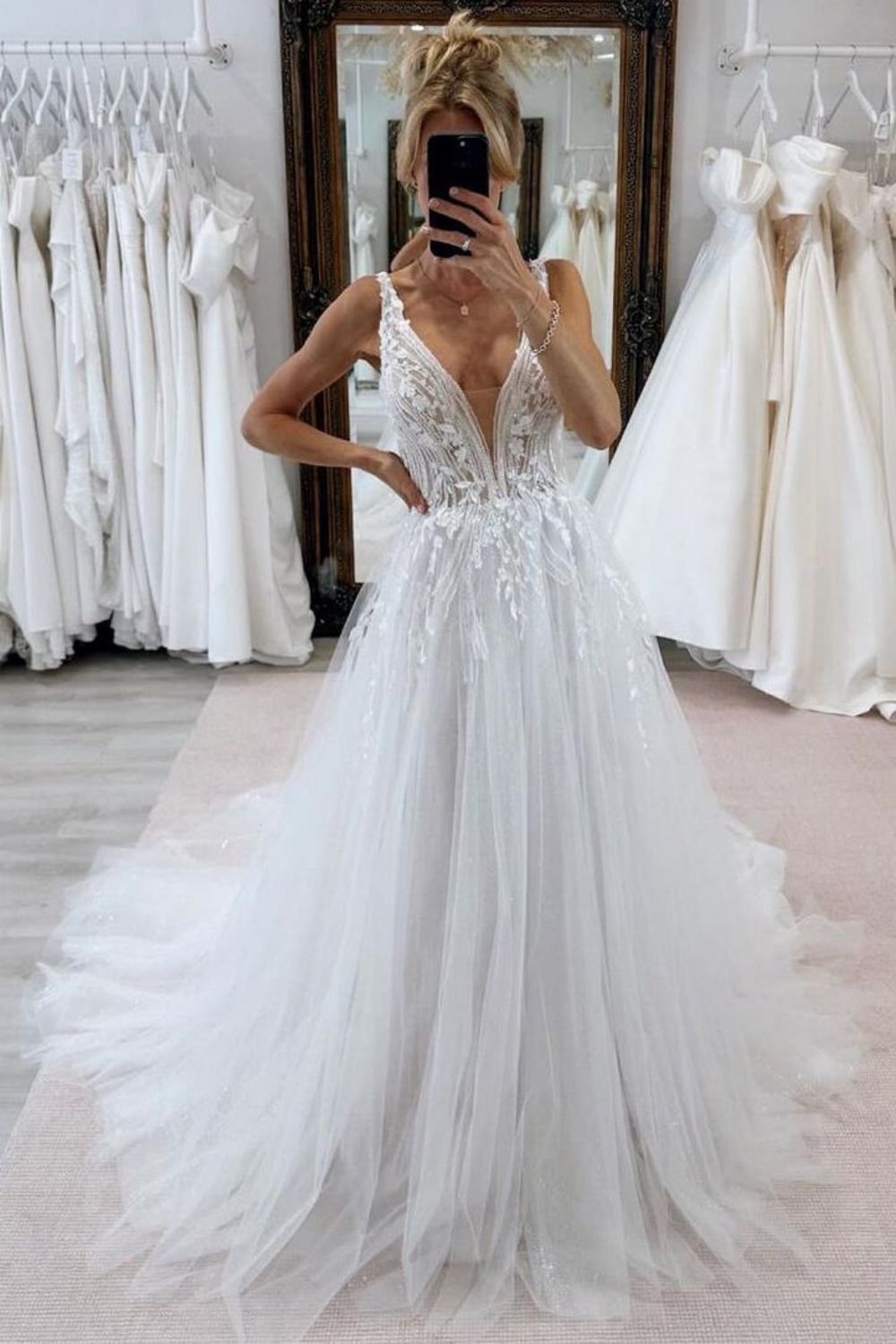 Luxurious A Line Deep V Neck White Wedding Dress with Appliques