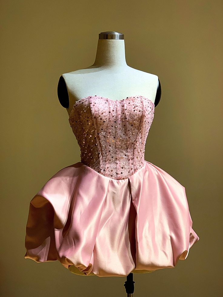 Pretty Strapless Hot Pink Satin Sequin A Line Short Homecoming Dress Formal 20th Birthday Outfits