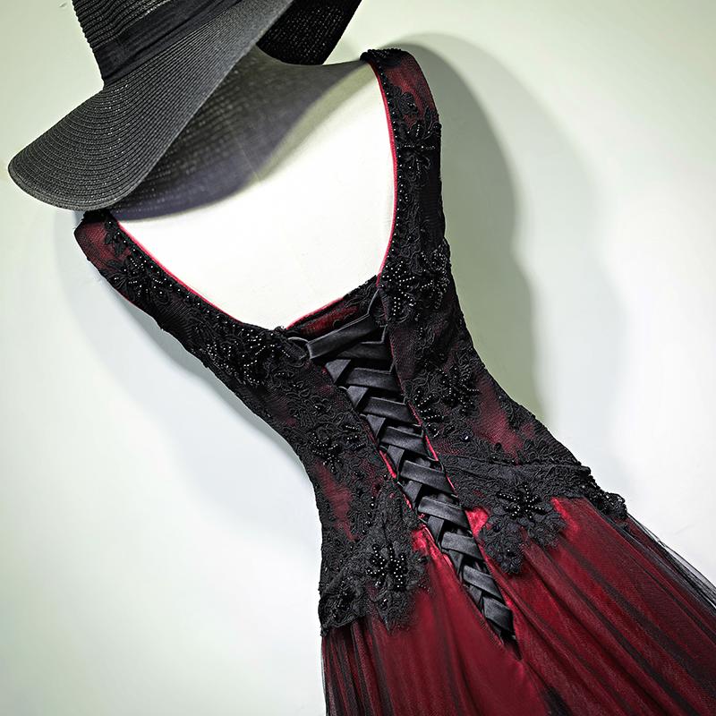 Gorgeous Black And Red V-Neckline Tulle Beaded Prom Dress, Long Evening Dress