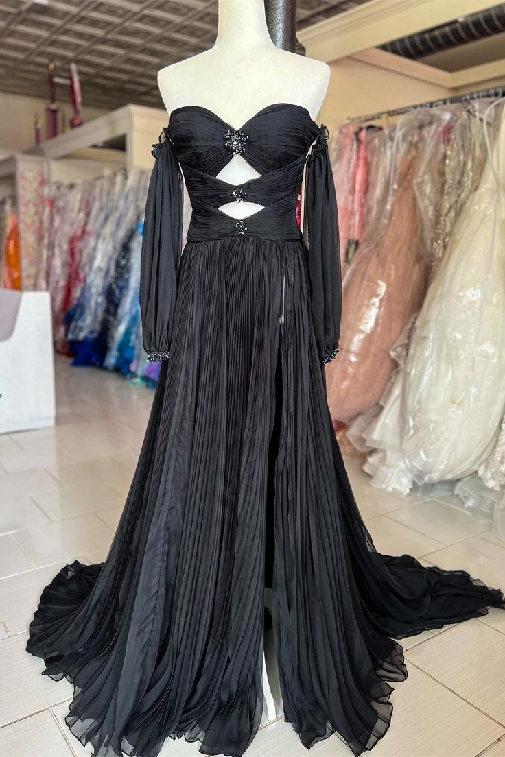 Black Rhinestones Strapless A-Line Prom Dress with Sleeves