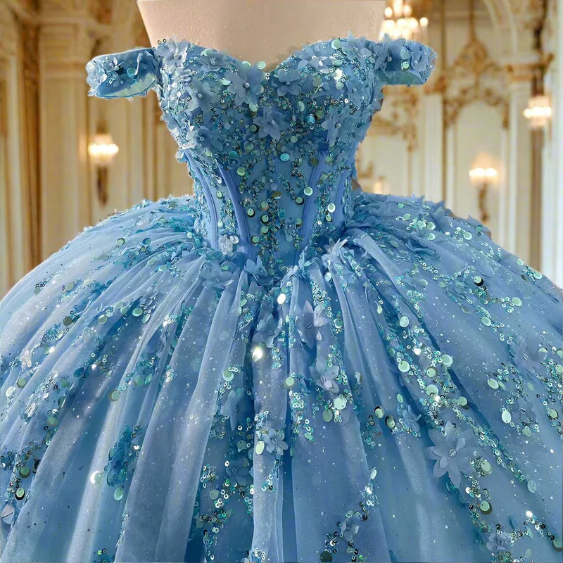 Sparkly Blue Sequins Beaded Ball Gown Luxury Off The Shoulder Sweet 16 Dress Birthday Dress