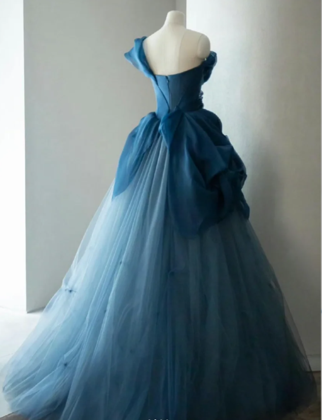 Retro Elegant Navy Blue One-shoulder Tulle Long Ball Gown Evening Dress
