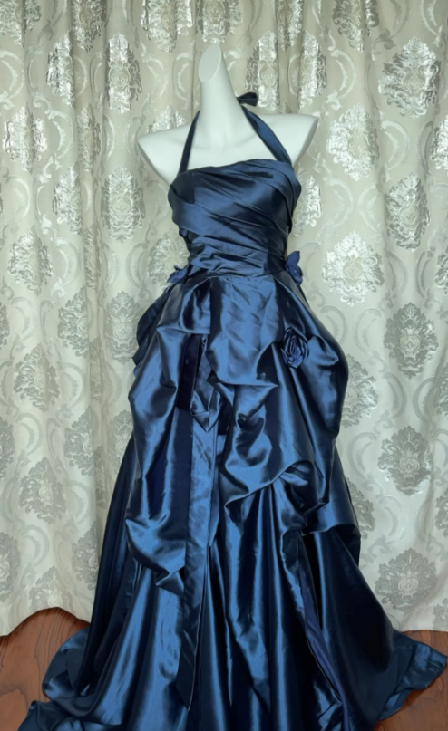 Vintage Navy Blue Strapless Satin Long Ball Gown Evening Dress