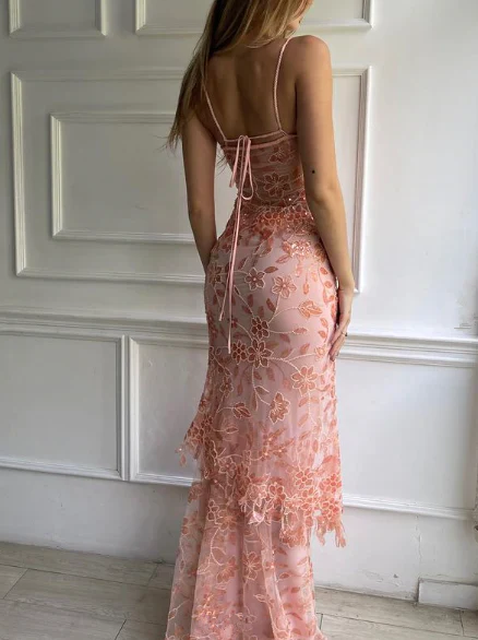 Gorgeous Pink Lace Beading Mermaid Evening Dress Party Prom Dress