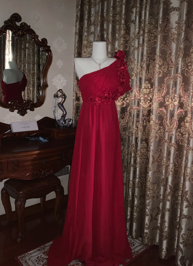 Elegant One Shoulder Red Chiffon Long Wedding Guest Dress Formal Birthday Prom Dress Evening Dress With Flowers