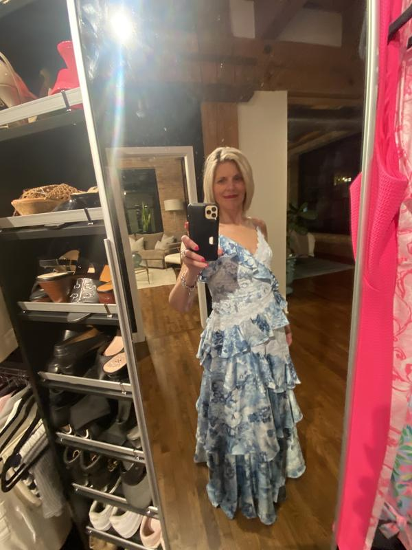 Vintage Blue Satin Print Tiered Ruffles A Line party Dress,Spaghetti Straps Prom Evening Dress