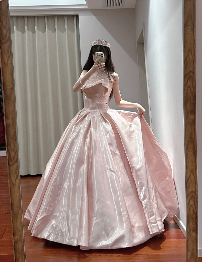 Princess Pink Strapless Ruffled Neck Satin Floor-Length Ball Gown Evening Dress