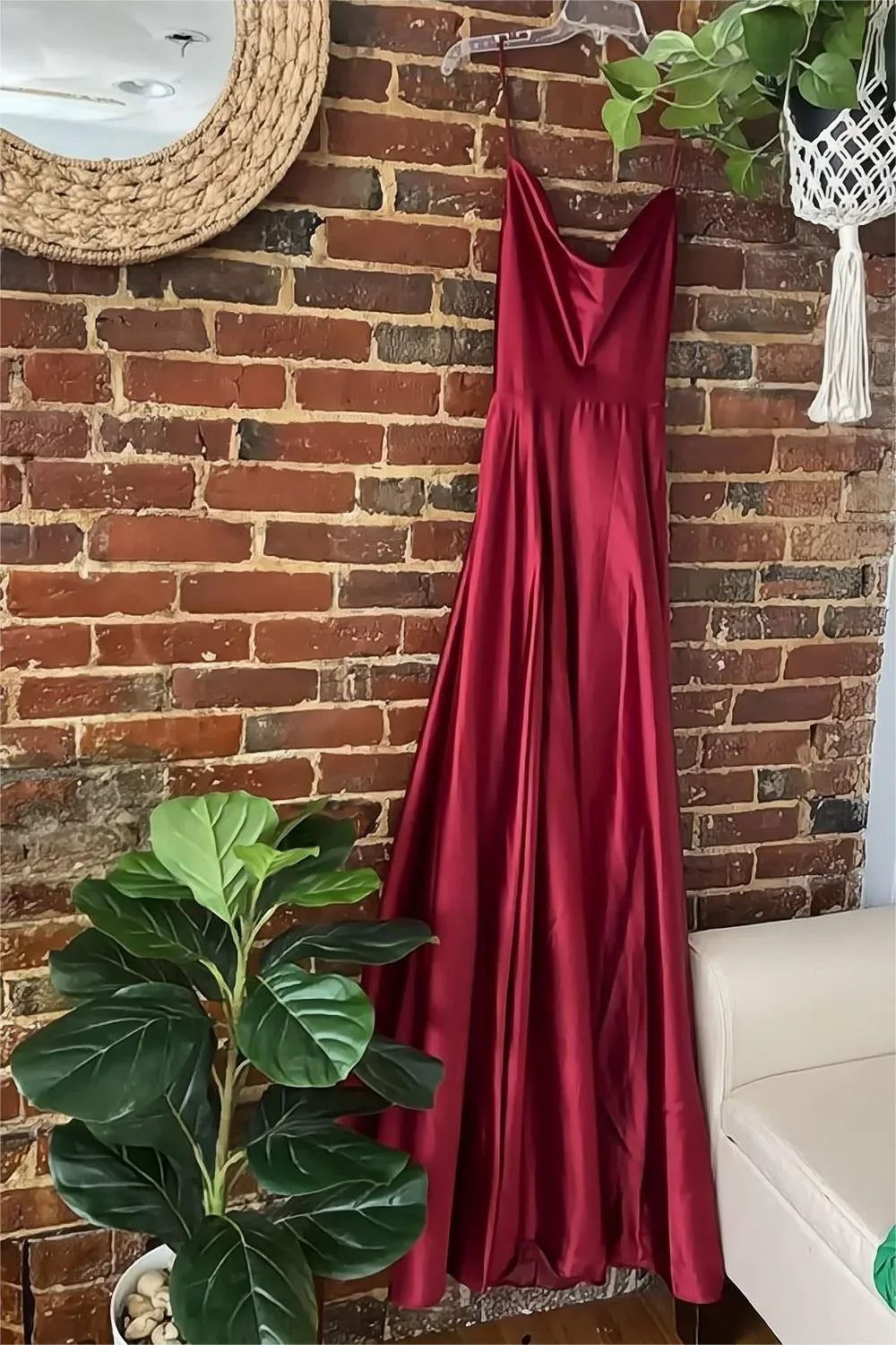 Spaghetti Straps Burgundy Simple Prom Dress Elegant Prom Dress With Split