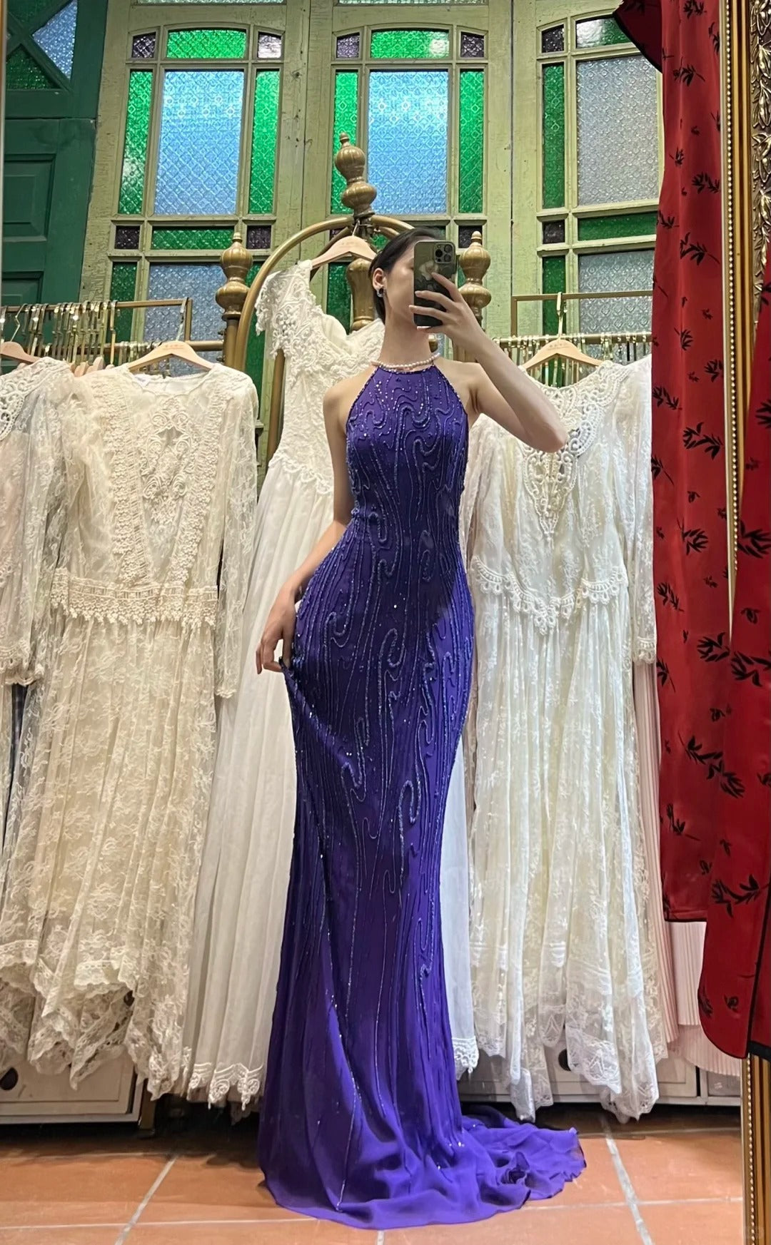 Vintage Deep Purple Mermaid Halter Neck Backless Beaded Chiffon Prom Dress Evening Dress