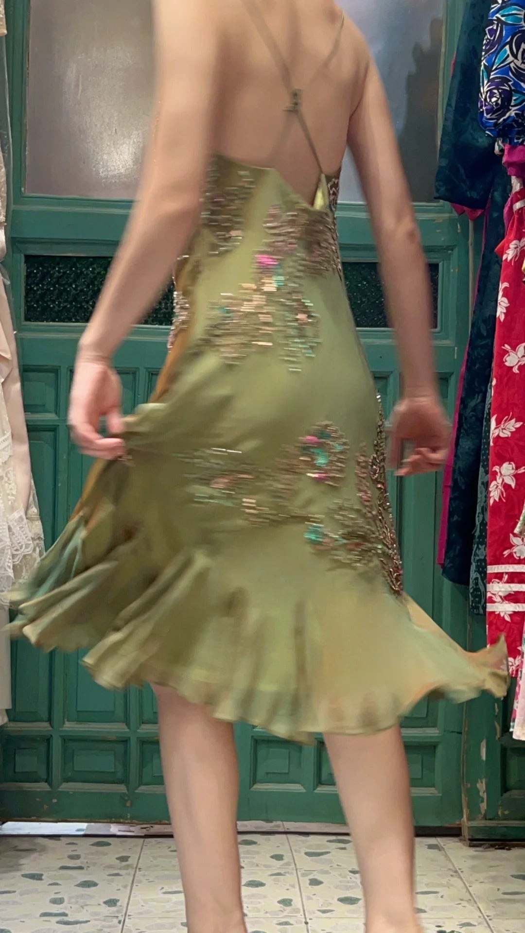 Retro Elegant Olive Green Deep V Backless Cross-Beaded Chiffon Long Prom Dress Evening Dress