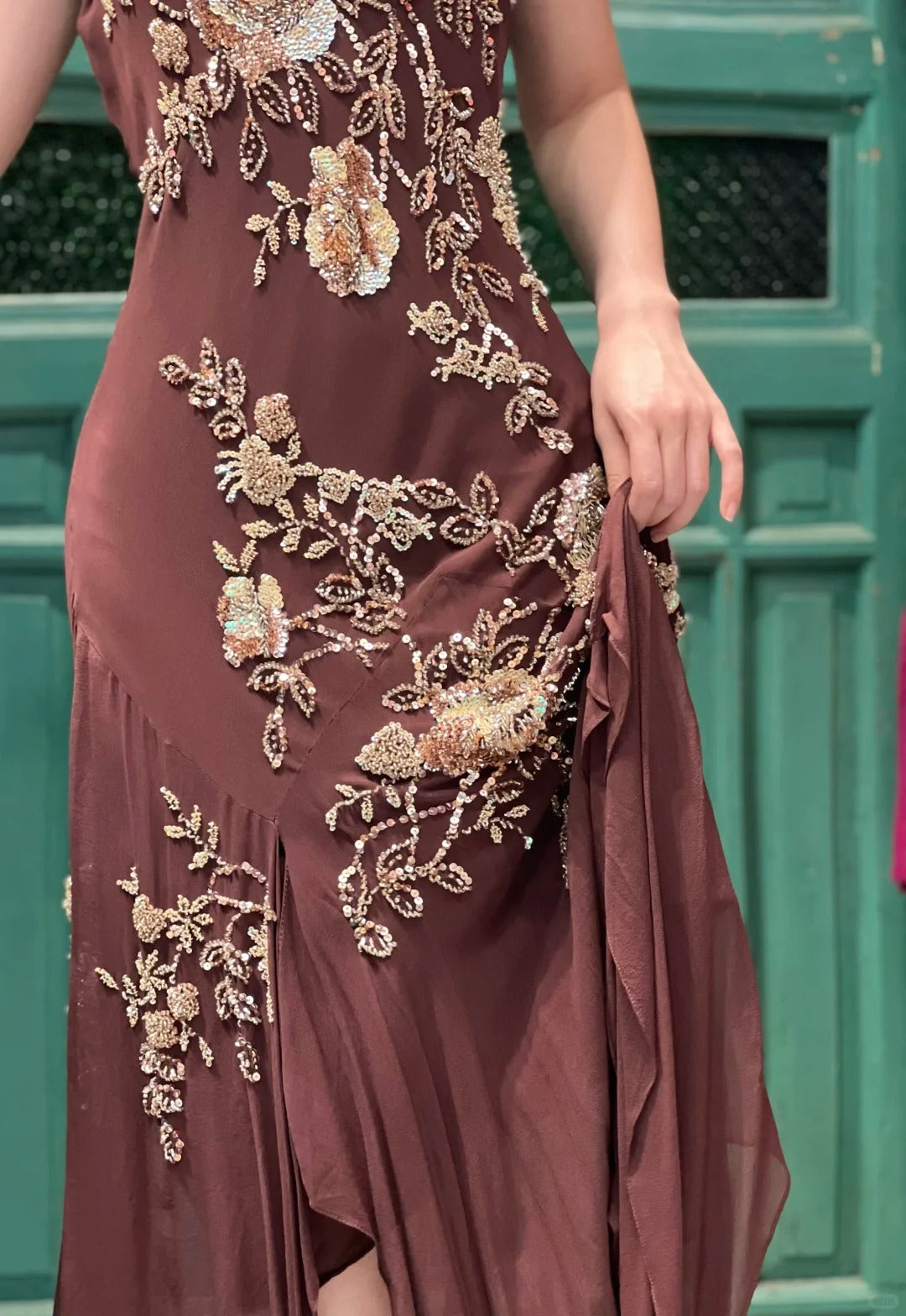 Vintage Brown Irregular Strap Beaded Sequined Prom Dress Evening Dress