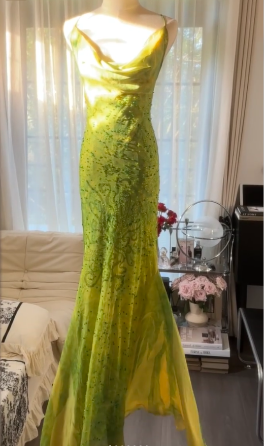 Chic Ombre Green Chiffon Beaded Mermaid Long Party Dress Formal Birthday Prom Dress
