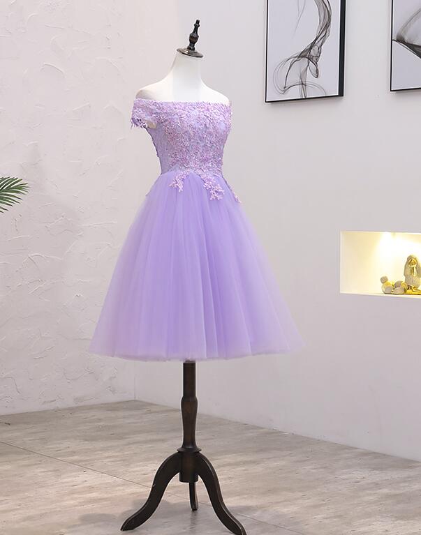 Light Purple Lace And Tulle Off The Shoulder Homecoming Dress, Short Party Dress