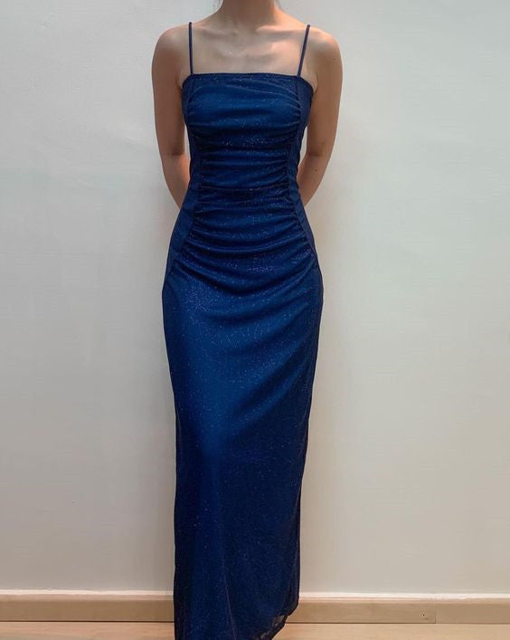 Spaghetti Straps Navy Sheath Sparkly Long Prom Dresses