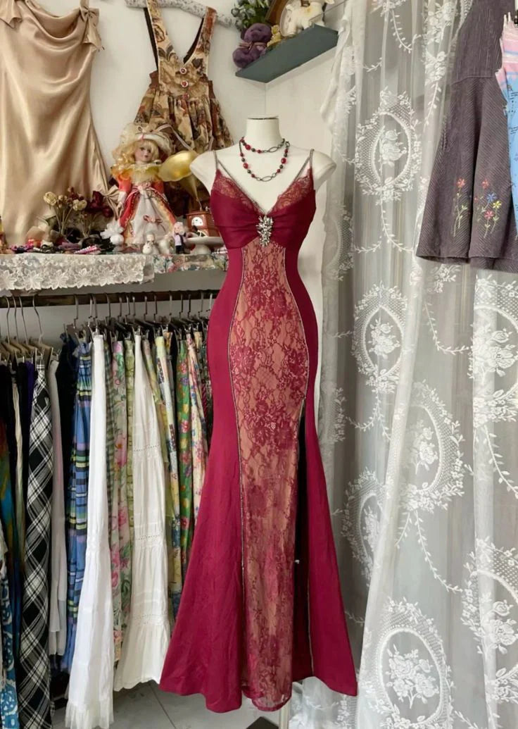 Retro Lace Burgundy Long Prom Dress Mermaid Evening Party Gown