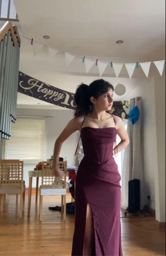 Maroon prom dress with corset, lace up back and high slit gown