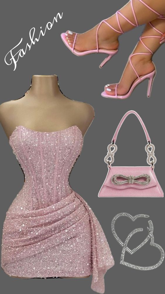 Pink Strapless Sequins Party Dress Mini Homecoming Dress Birthday Outfits