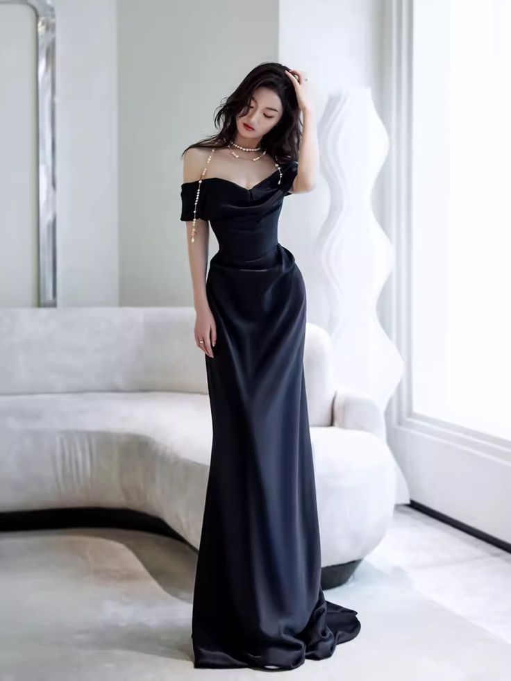 Simple Mermaid Off The Shoulder Black Prom Dresses Evening Dress