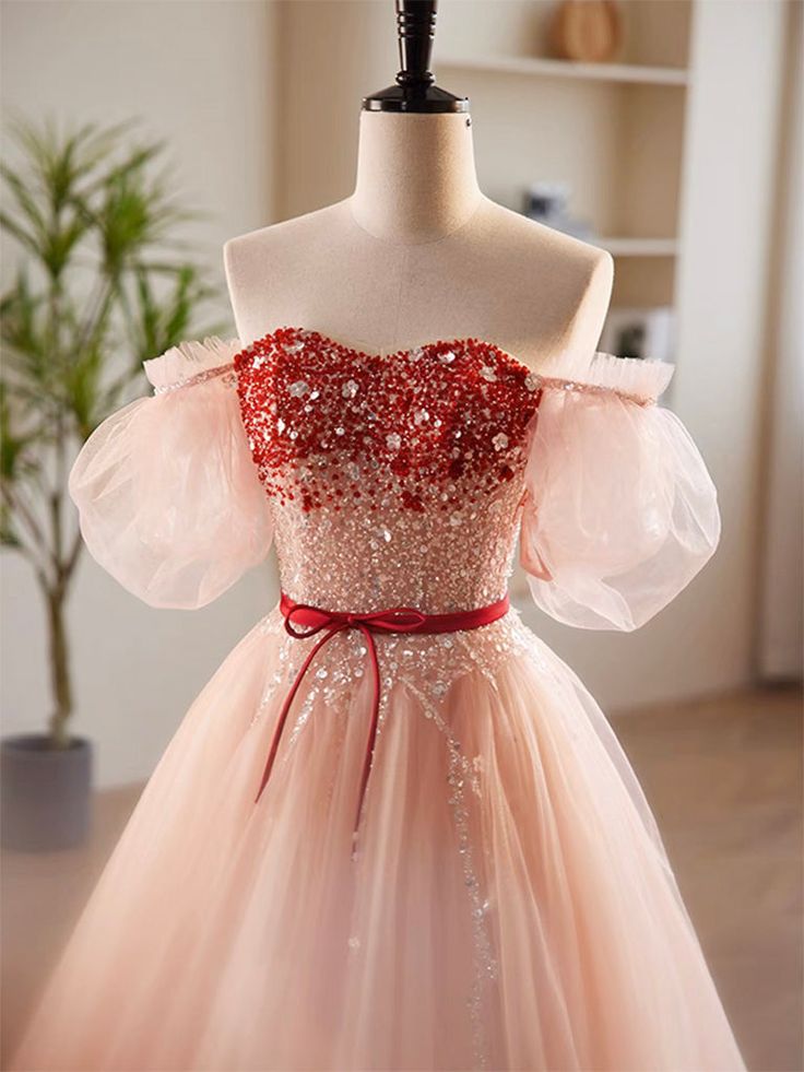 A-Line Sweetheart Neck Sequin Tulle Long Prom Dress, Formal Dress