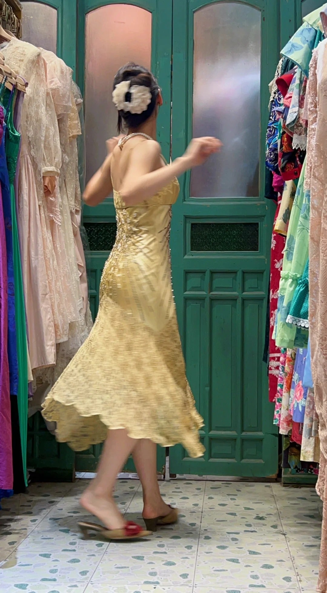 Retro Yellow Irregular Deep V Halter Lace Satin Prom Dress Evening Dress