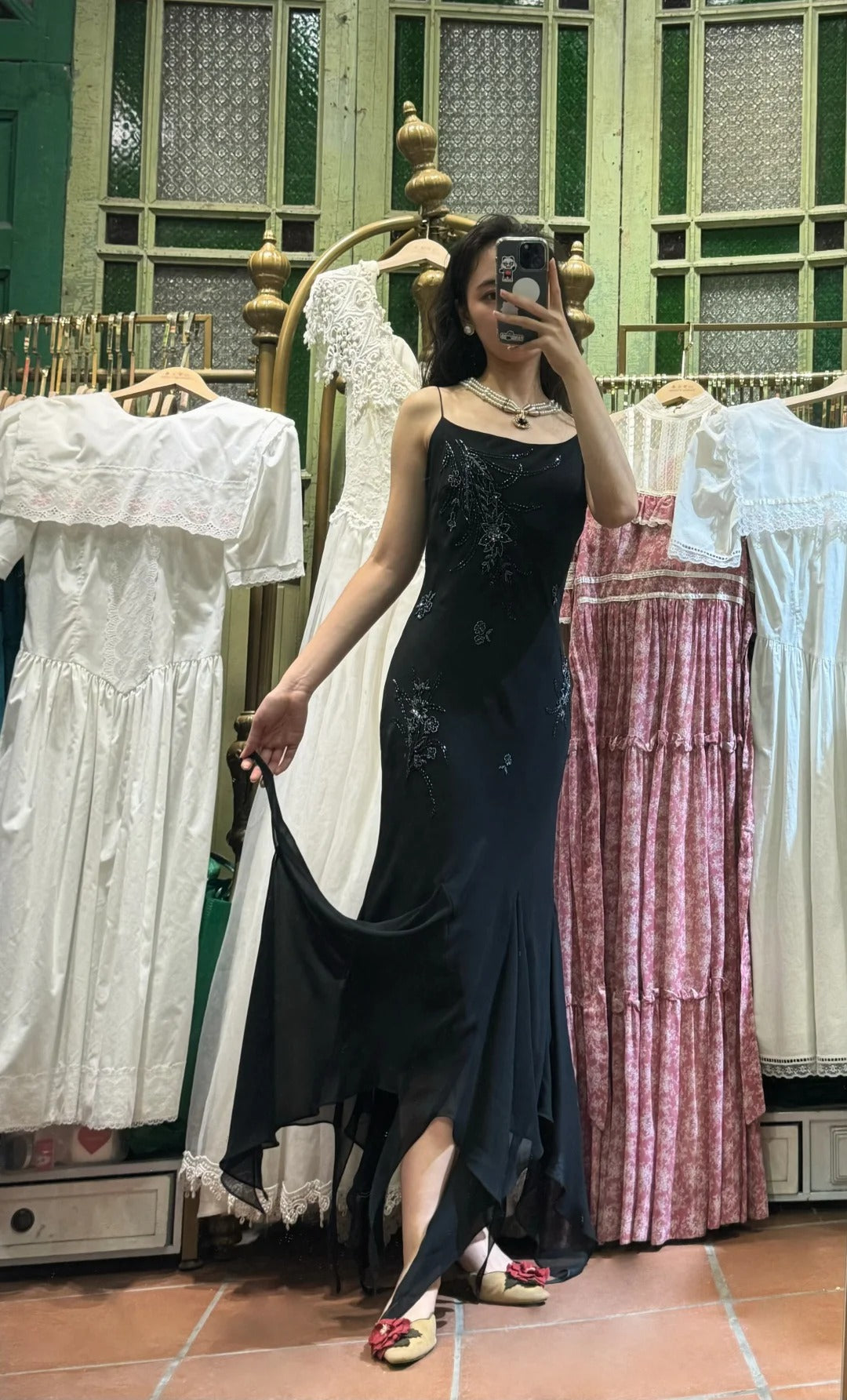 Elegant Black Irregular Strap Beaded Chiffon Long Prom Dress Evening Dress