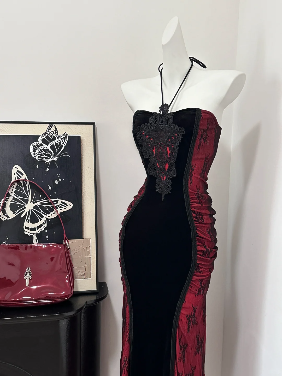 Sexy Halter Burgundy Sheath Long Birthday Party Dress Formal Prom Dress
