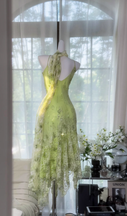 Classy Spaghetti Straps Light Green Chiffon Beaded Mermaid Evening Dress Long Party Dress