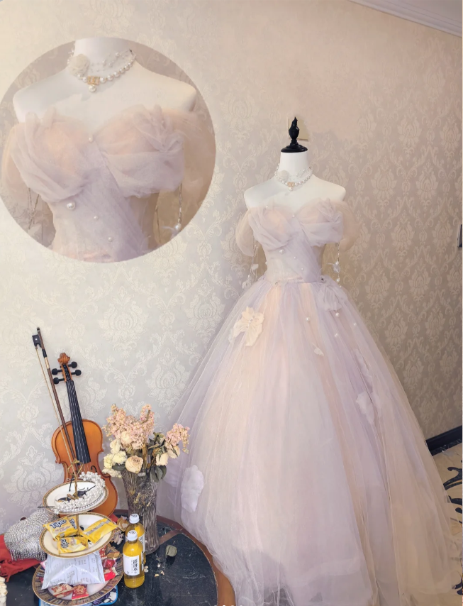 Dreamy Light Pink Off-shoulder Tulle Floor-Length Ball Gown Evening Dress