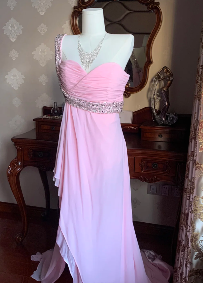 Classy One Shoulder Chiffon Beaded Mermaid Long Wedding Guest Dress Pink Evening Dress