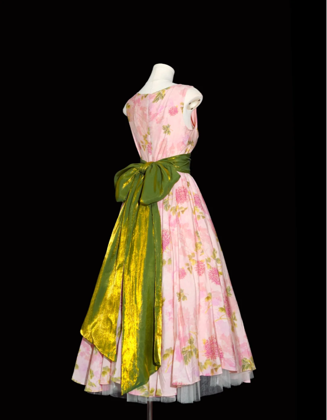 Retro Pink Floral Print A-line Round Neck Bow Waist-Cinching Long Prom Dress