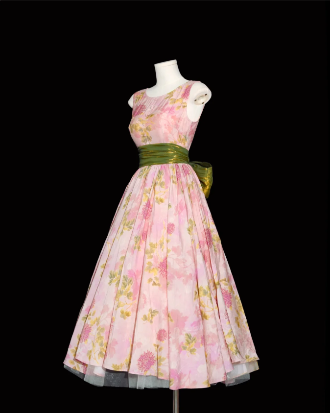 Retro Pink Floral Print A-line Round Neck Bow Waist-Cinching Long Prom Dress