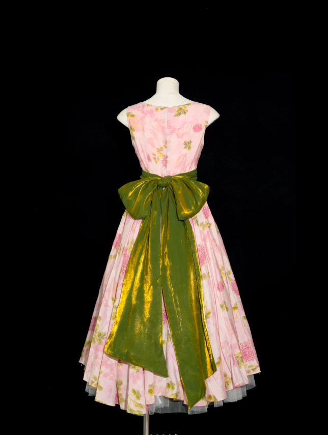 Retro Pink Floral Print A-line Round Neck Bow Waist-Cinching Long Prom Dress