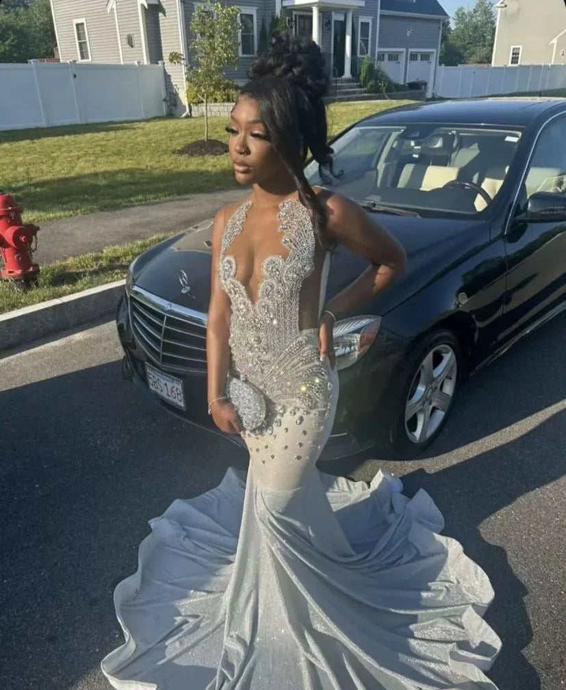 Silver Mermaid Beaded Prom Party Dress Long Formal Evening Dress