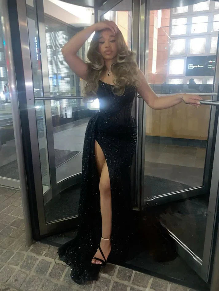 Black long prom dress with Slit ,strapless evening dress