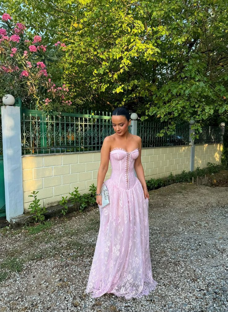 Glamorous Sweetheart Neck Pink Lace A-Line Long Prom Dress Evening Dresses