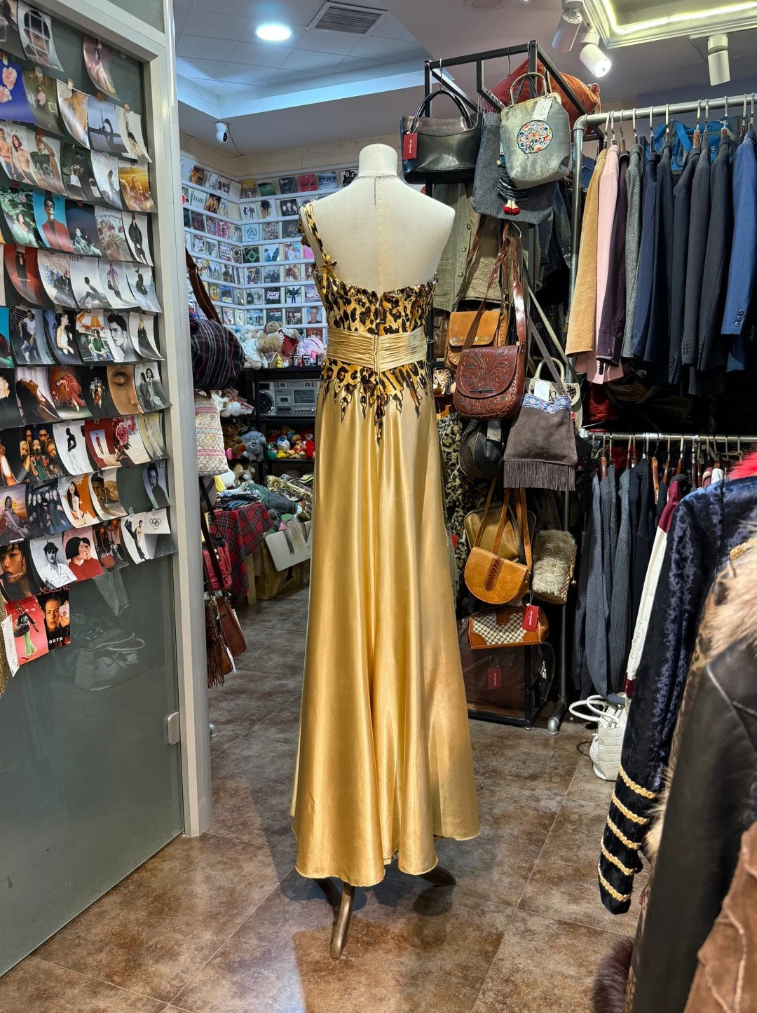 Wild Gold-Brown Leopard Print One-Shoulder Satin Long Prom Dress Evening Dress