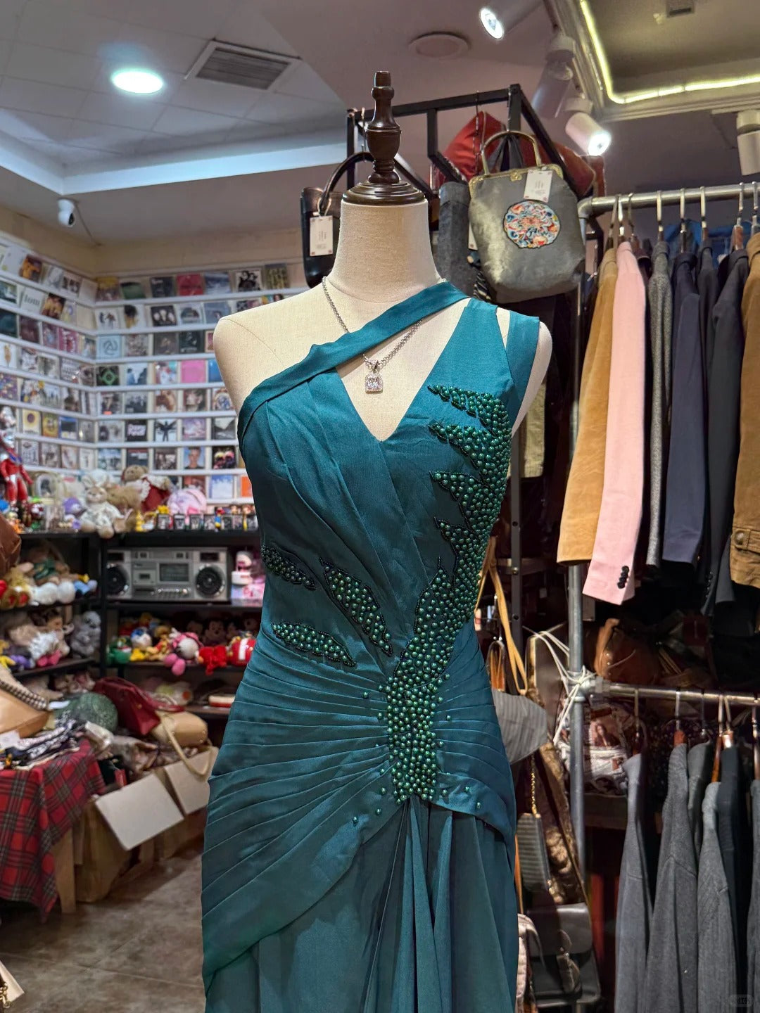 Elegant Peacock Green One-Shoulder Pearl Ribbon Satin Long Prom Dress Evening Dress
