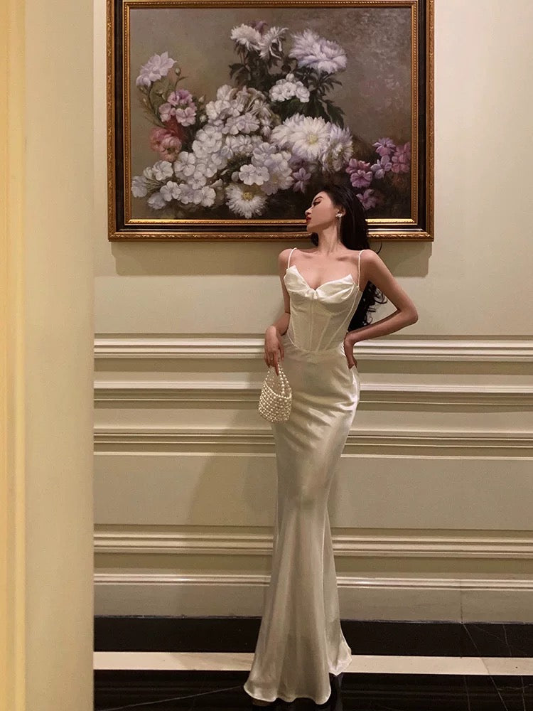 Sexy Sheath Spaghetti Straps White Long Prom Dresses Birthday Outfits