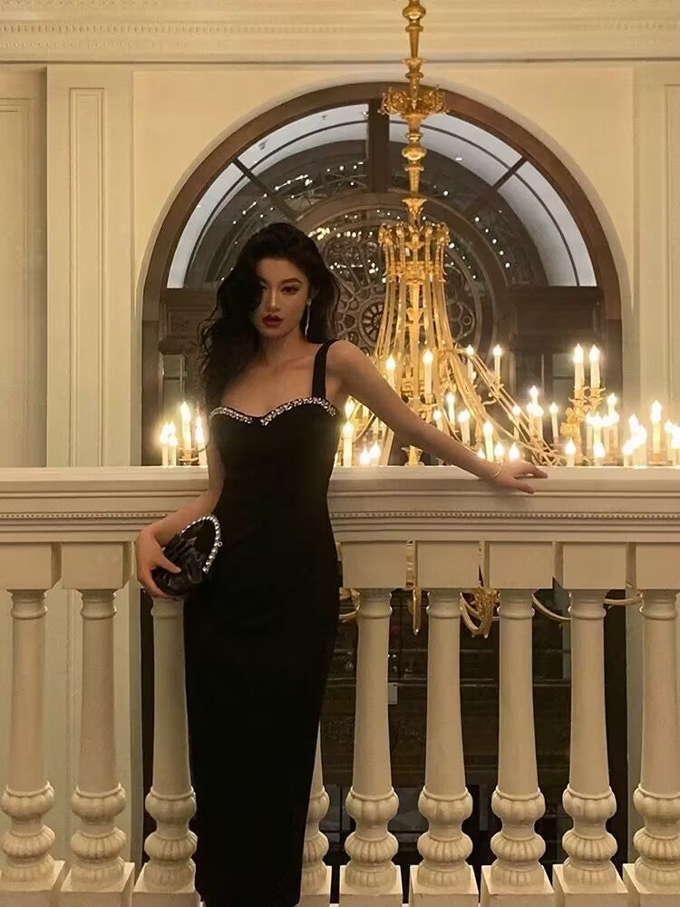 Chic Sheath Straps Black Satin Prom Dresses With Beads Birthday Dress