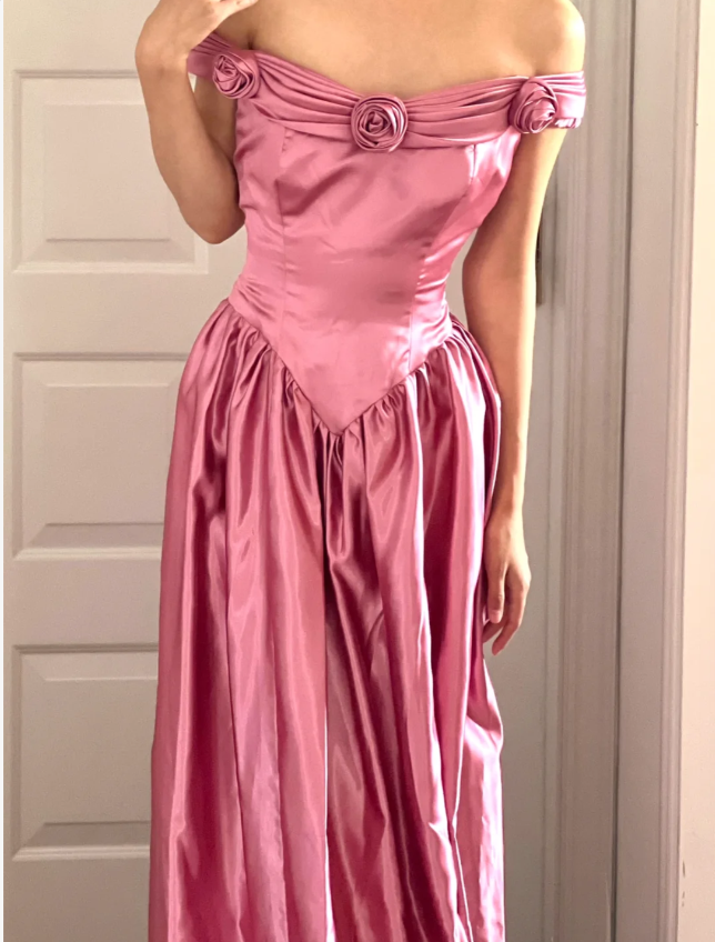 Retro Sweet Pink A-line 3D Floral Off-Shoulder Satin Long Prom Dress Evening Dress