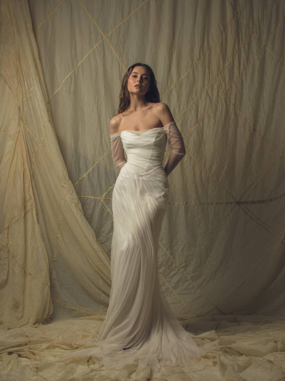 Elegant White Off-the-Shoulder Ruched Tulle Train Wedding Dress