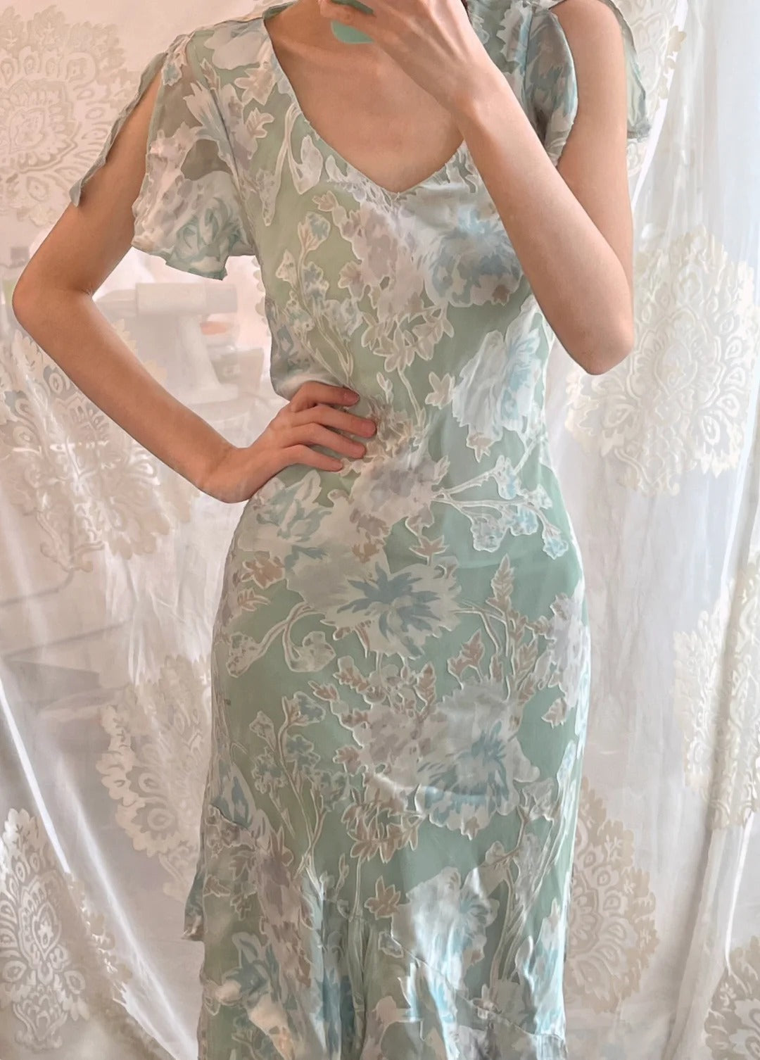 Sweet Light Green Floral Print Ruffled V-neck Chiffon Long Prom Dress Evening Dress