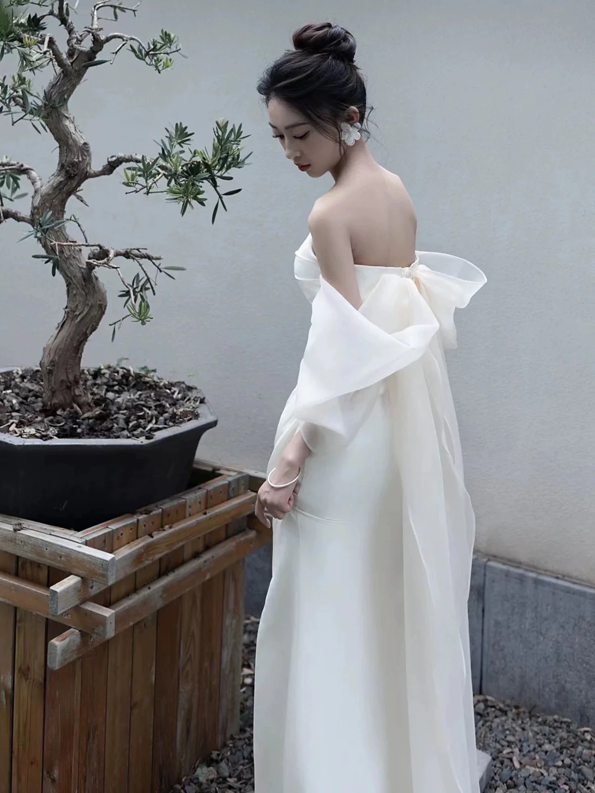 Elegant White Strapless Prom Dress, High Slit Fairy Wedding Guest Gown Maxi Dress
