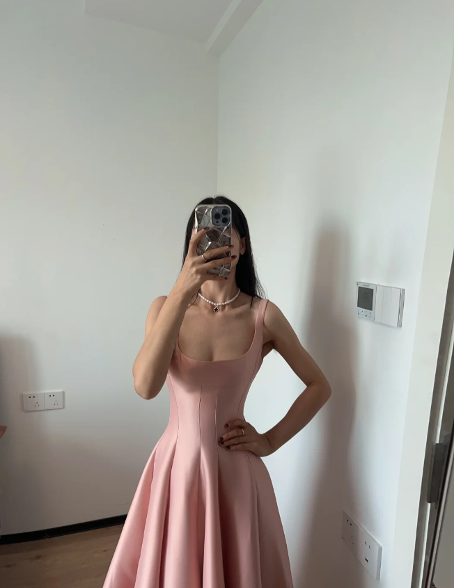 Simple And Elegant Pink A-line Square Neck Halter Satin Prom Dress Evening Dress