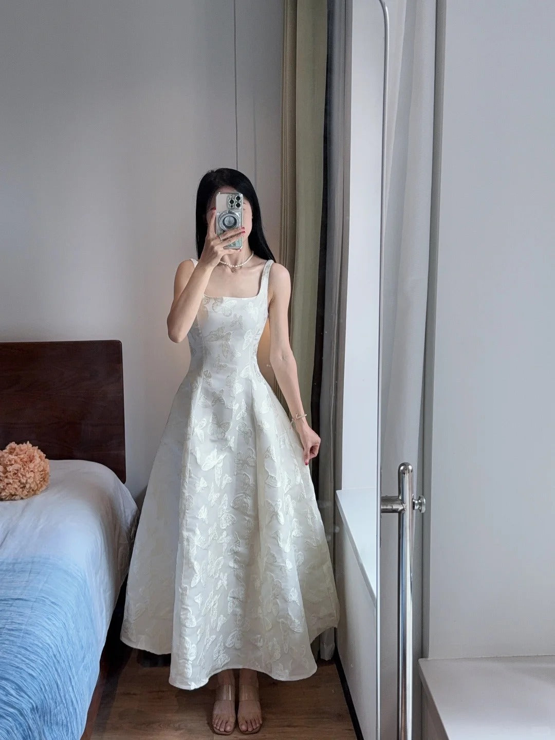 Elegant White A-line Square Neck Halter Top With Butterfly Jacquard Satin Long Prom Dress Evening Dress