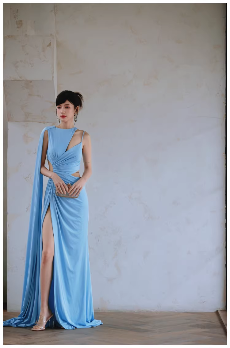 Sexy Blue Satin Slit Mermaid Long Prom Dress Evening Dresses
