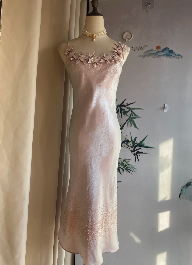 Sweet Pink Mermaid Halter 3D Floral Satin Prom Dress Evening Dress Bridesmaid Dress