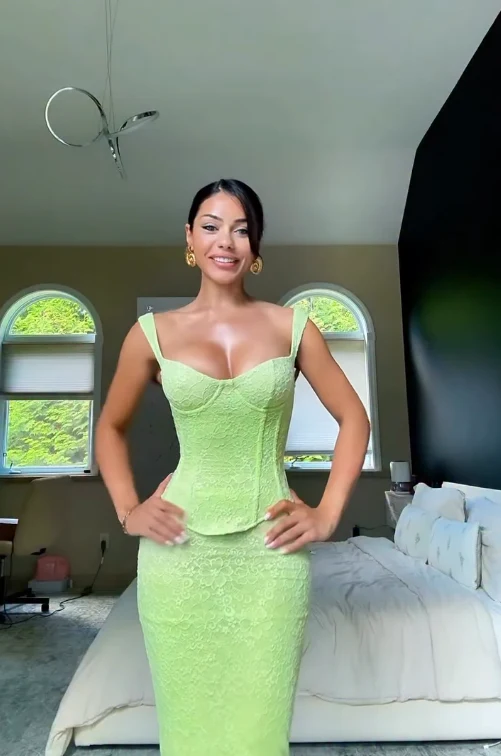 Stunning Two Piece Sheath Straps Green Lace Prom Dress Evening Dress