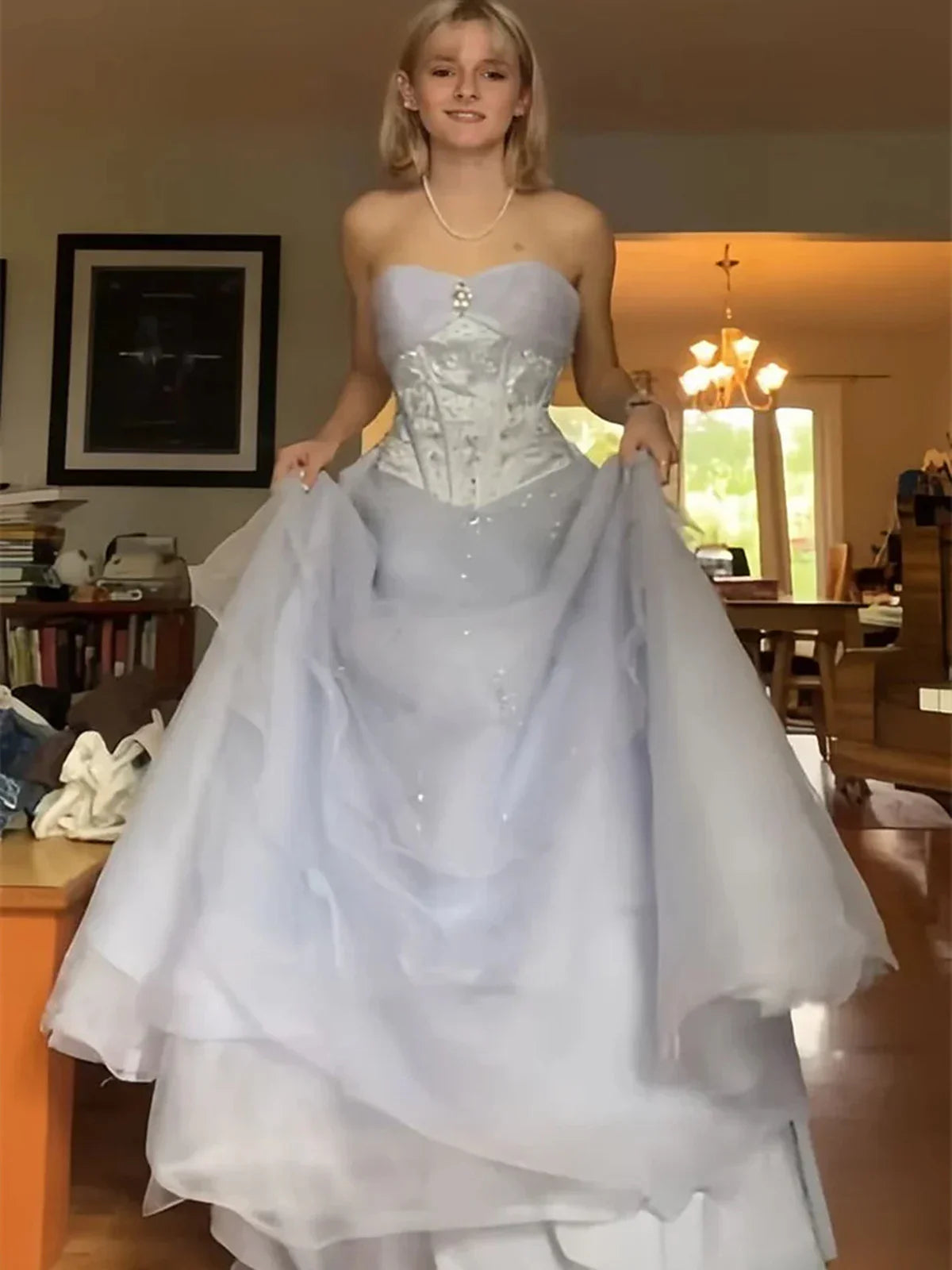 Princess Light Purple Strapless Beaded Tulle Long Ball Gown Evening Dress